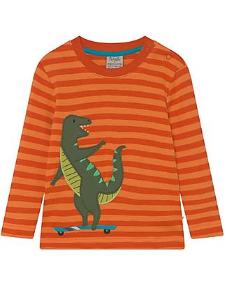 Frugi Maglia con Applique Discovery - Righe/Dinosauro - Cotone Bio Maglie Manica Lunga