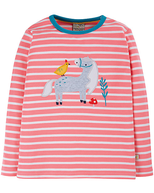Frugi Maglia con Applique Discovery - Righe Rosa/Cavallo - Cotone bio Maglie Manica Lunga