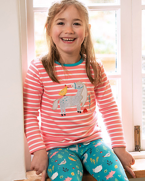 Frugi Maglia con Applique Discovery - Righe Rosa/Cavallo - Cotone bio Maglie Manica Lunga