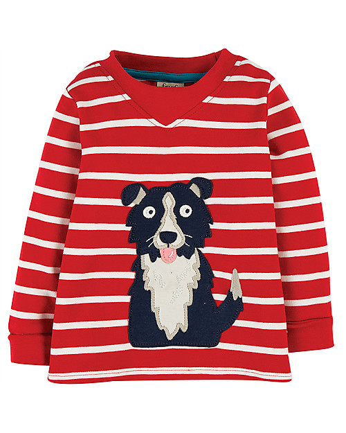 Frugi Maglia con Applique Easy On - Righe Rosse/Cagnolino - Cotone bio Maglie Manica Lunga
