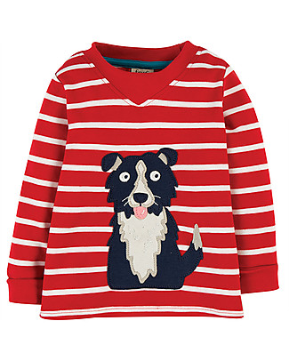 Frugi Maglia con Applique Easy On - Righe Rosse/Cagnolino - Cotone bio Maglie Manica Lunga
