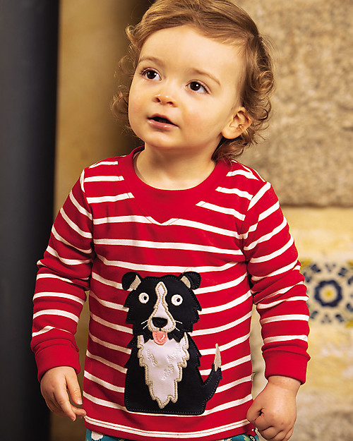 Frugi Maglia con Applique Easy On - Righe Rosse/Cagnolino - Cotone bio Maglie Manica Lunga