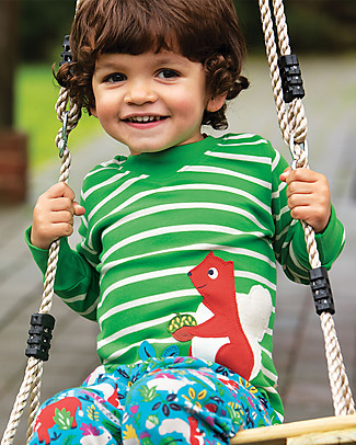 Frugi Maglia con Applique Easy On - Righe Verdi/Scoiattolo - Cotone bio Maglie Manica Lunga