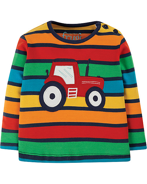 Frugi Maglia con Bottoni e Applique - Righe Arcobaleno/Trattore - Cotone bio Maglie Manica Lunga