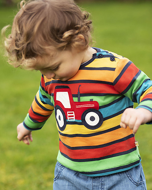 Frugi Maglia con Bottoni e Applique - Righe Arcobaleno/Trattore - Cotone bio Maglie Manica Lunga