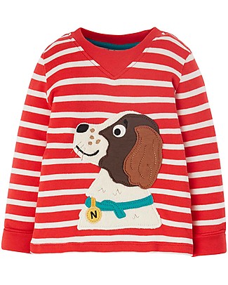 Frugi Maglia Easy-On con Collo Elasticizzato a Righe Bianche e Rosse - Cane - Cotone bio Maglie Manica Lunga