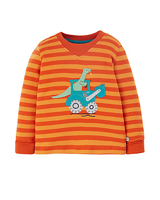 Frugi Maglia Easy-On con Collo Elasticizzato a Righe - Dino/Trattore - Cotone bio Maglie Manica Lunga