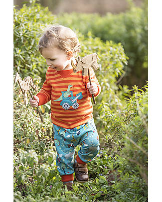 Frugi Maglia Easy-On con Collo Elasticizzato a Righe - Dino/Trattore - Cotone bio Maglie Manica Lunga
