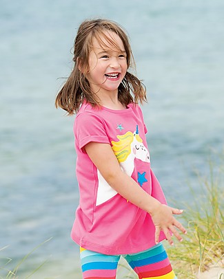 Frugi Maglia Effetto Fiammato con Taglio Svasato e Applique Lizzie - Rosa/Unicorno - 100% cotone bio Top