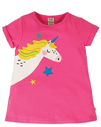 Frugi Maglia Effetto Fiammato con Taglio Svasato e Applique Lizzie - Rosa/Unicorno - 100% cotone bio Top