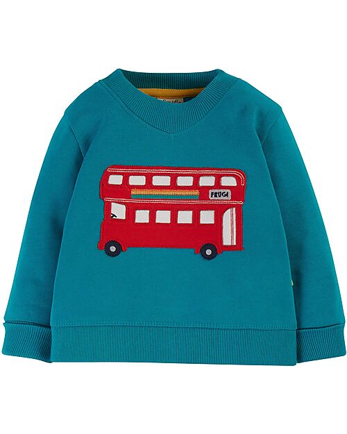 Frugi Maglia Manica Lunga Switch Easy On - con Collo Elasticizzato - Camper Blu - Bus - London Transport - 100% Cotone Organico Felpe