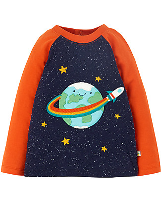Frugi Maglia Maniche Alfie Nepp con Applique - Indaco/Pianeti - Cotone Bio Maglie Manica Lunga