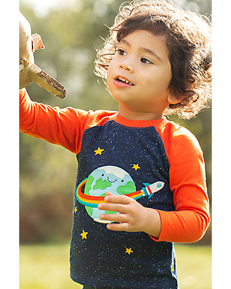 Frugi Maglia Maniche Alfie Nepp con Applique - Indaco/Pianeti - Cotone Bio Maglie Manica Lunga