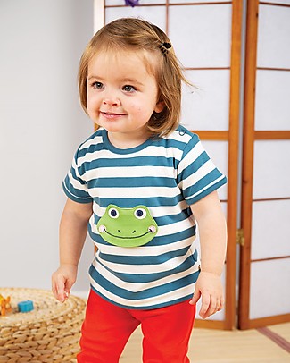 Frugi Maglia Maniche Corte 4 in 1 con Bottoncini e Applique Intercambiabile - Righe Steely Blue/Animali - Cotone bio T-Shirt e Canotte