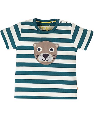 Frugi Maglia Maniche Corte 4 in 1 con Bottoncini e Applique Intercambiabile - Righe Steely Blue/Animali - Cotone bio T-Shirt e Canotte