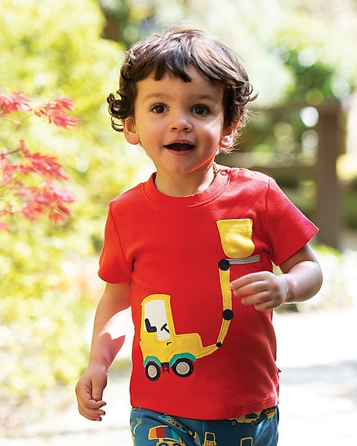 Frugi Maglia Maniche Corte con Taschino Polzeath - Rosso/Camion - Cotone bio Maglie Manica Lunga