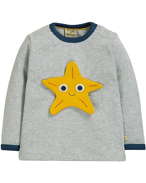 Frugi Maglia Maniche Lunghe 4 in 1 con Bottoncini e Applique Intercambiabile, Amici del Mare/Grigio - 100% cotone bio Maglie Manica Lunga