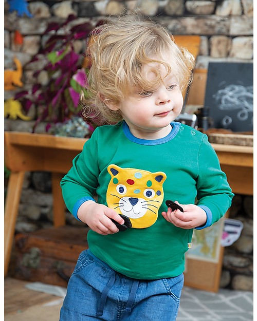 Frugi Maglia Maniche Lunghe 4 in 1 con Bottoncini e Applique Intercambiabile, Animali/Verde - 100% cotone bio Maglie Manica Lunga