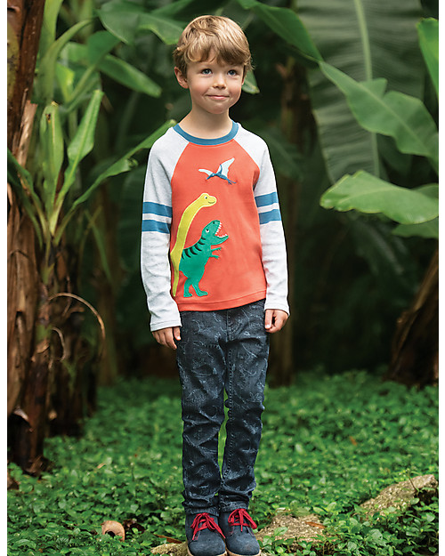 Frugi Maglia Maniche Lunghe con Applique Alfie, DInosauri/Paprika - Cotone bio Maglie Manica Lunga