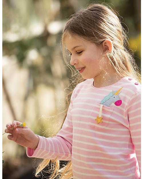 Frugi Maglia Maniche Lunghe con Taschino Louise, Unicorno/Righe Rosa - Cotone bio Maglie Manica Lunga
