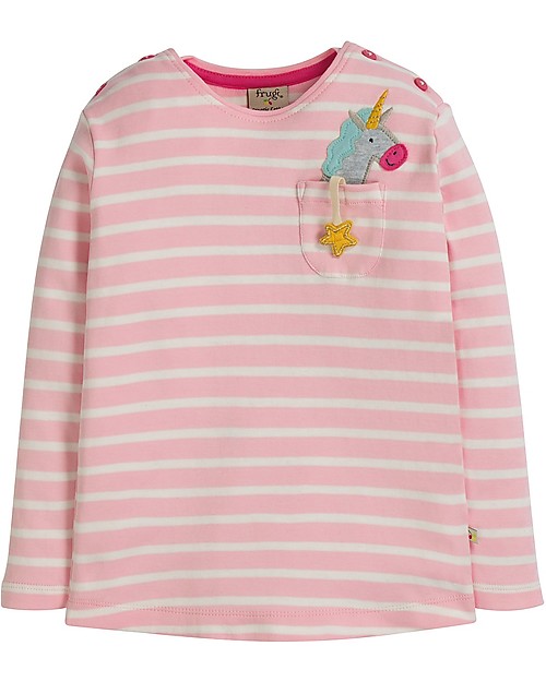 Frugi Maglia Maniche Lunghe con Taschino Louise, Unicorno/Righe Rosa - Cotone bio Maglie Manica Lunga