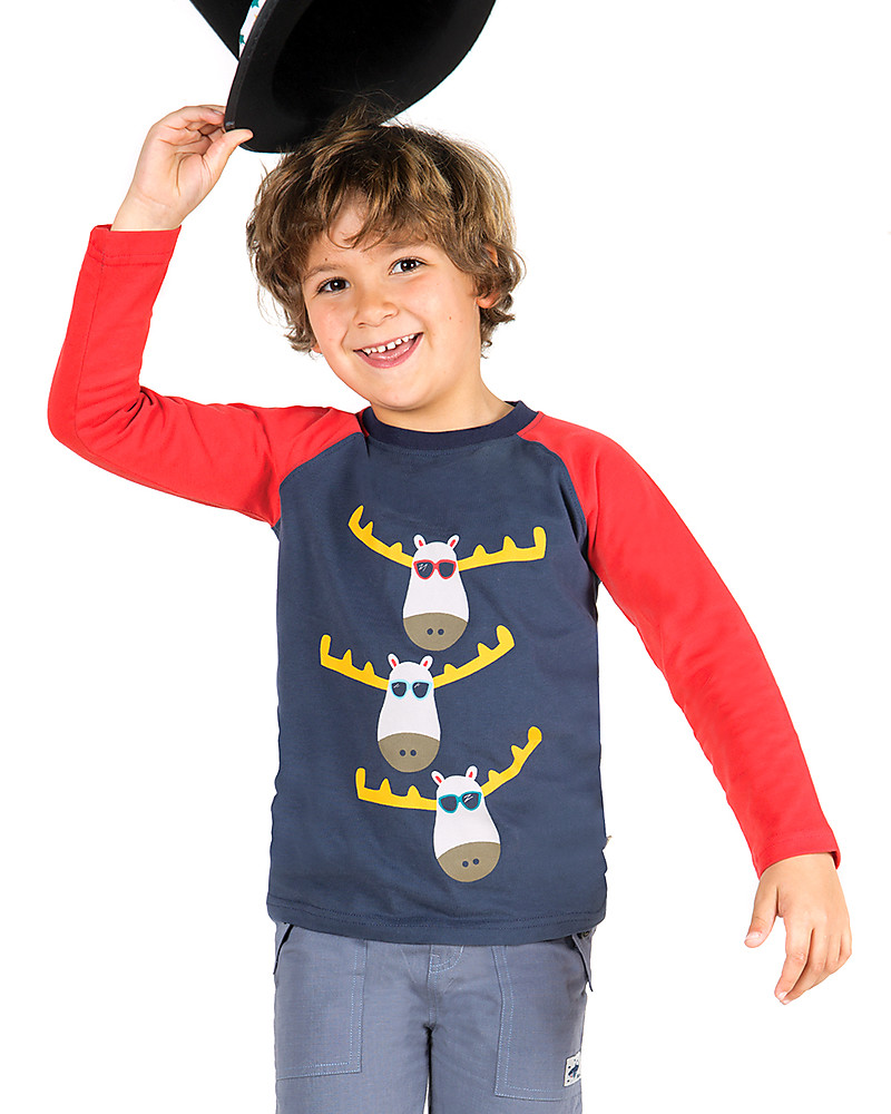 Frugi Maglia Maniche Lunghe Harry Blu Renne 100% cotone bio Top