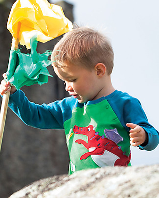 Frugi Maglia Maniche Raglan con Applique Albert - Verde/Drago - Cotone bio Maglie Manica Lunga