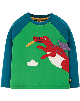Frugi Maglia Maniche Raglan con Applique Albert - Verde/Drago - Cotone bio Maglie Manica Lunga