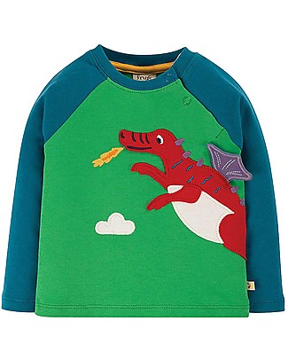 Frugi Maglia Maniche Raglan con Applique Albert - Verde/Drago - Cotone bio Maglie Manica Lunga