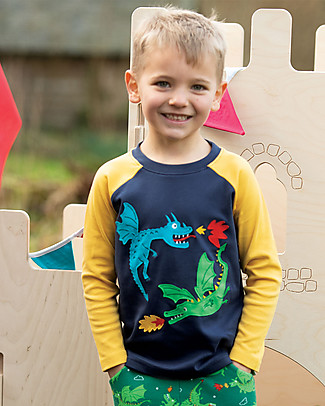 Frugi Maglia Maniche Raglan con Applique Alfie - Indaco/Drago - Cotone bio Maglie Manica Lunga