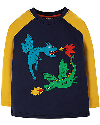 Frugi Maglia Maniche Raglan con Applique Alfie - Indaco/Drago - Cotone bio Maglie Manica Lunga