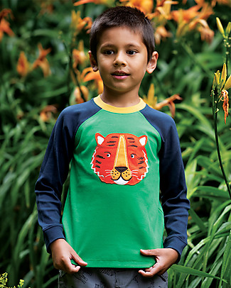 Frugi Maglia Maniche Raglan con Applique Jake - Verde/Tigre - Cotone bio Maglie Manica Lunga