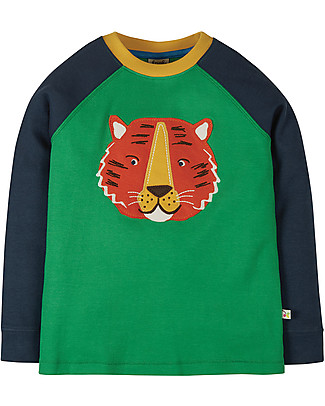 Frugi Maglia Maniche Raglan con Applique Jake - Verde/Tigre - Cotone bio Maglie Manica Lunga