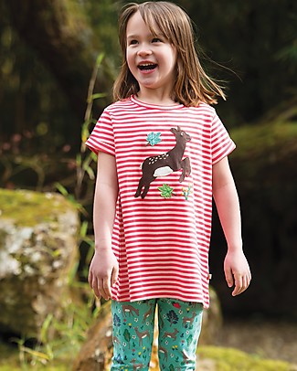 Frugi Maglia Taglio Svasato a Maniche Corte con Applique Sophie - Righe Rosse/Cervo - 100% cotone bio T-Shirt e Canotte