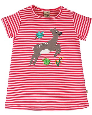 Frugi Maglia Taglio Svasato a Maniche Corte con Applique Sophie - Righe Rosse/Cervo - 100% cotone bio T-Shirt e Canotte