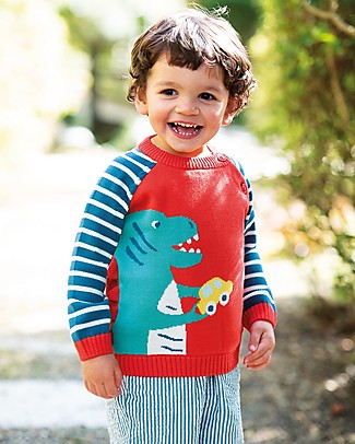 Frugi Maglione Lavorato a Maglia con Bottoncini Wilfred - Rosso/Dino - Cotone bio Maglioni