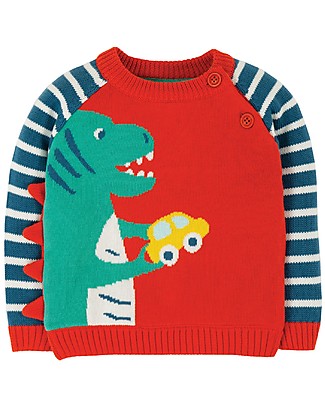 Frugi Maglione Lavorato a Maglia con Bottoncini Wilfred - Rosso/Dino - Cotone bio Maglioni