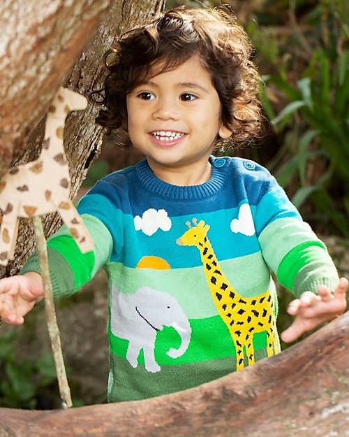 Frugi Maglione Little Finn Arcobaleno Verde/Zoo 100% Cotone