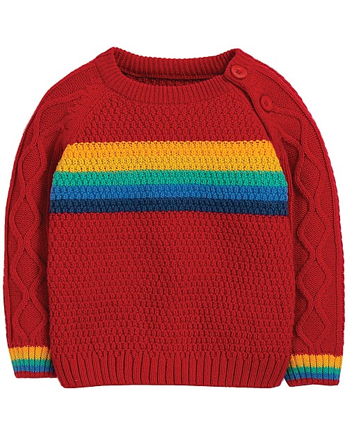 Frugi Maglione Maniche Raglan con Bottoncini Caleb, Rosso/Arcobaleno (taglie 12 mesi - 4 anni) - Cotone bio Maglioni