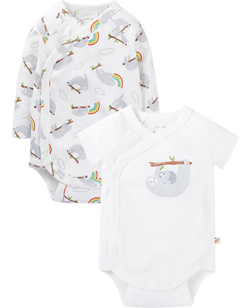 Frugi Pacco da 2 Body Maniche Corte e Lunghe - Bianco con Bradipi - Cotone Bio Body Manica Lunga