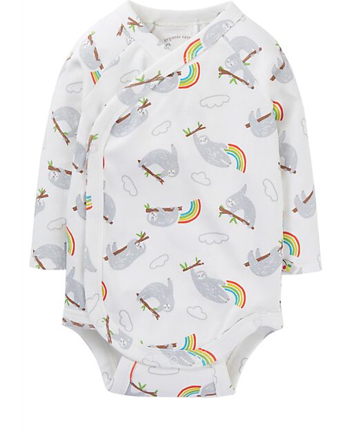 Frugi Pacco da 2 Body Maniche Corte e Lunghe - Bianco con Bradipi - Cotone Bio Body Manica Lunga