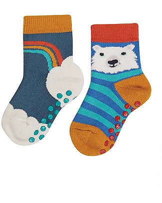 Frugi Pacco da 2 Calzini Antiscivolo - Blu/Arcobaleno - Cotone bio Calzini