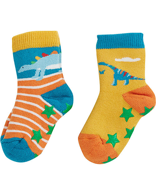 Frugi Pacco da 2 Calzini Antiscivolo - Dinosauri - Cotone bio Calzini Antiscivolo