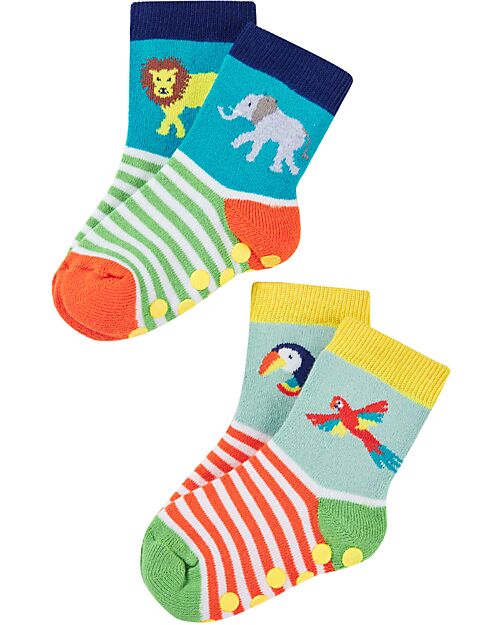 Frugi Pacco da 2 Calzini Antiscivolo - Jungle  - Cotone Bio Calzini Antiscivolo