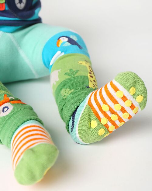 Frugi Pacco da 2 Calzini Antiscivolo - Jungle  - Cotone Bio Calzini Antiscivolo