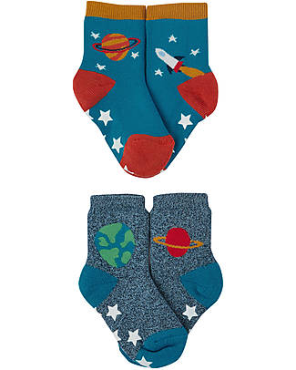 Frugi Pacco da 2 Calzini Antiscivolo - Spazio - Cotone Organico Calzini Antiscivolo
