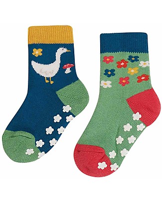 Frugi Pacco da 2 Calzini Antiscivolo - Verde/Oca - Cotone bio Calzini