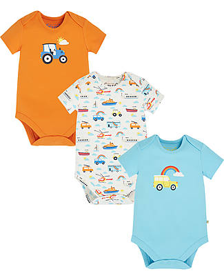 Frugi Pacco da 3 Body Manica Corta Super Special - Vehicles - 100% Cotone Interlock Bio GOTS Body Manica Corta