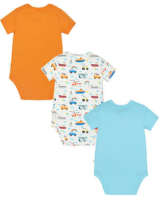 Frugi Pacco da 3 Body Manica Corta Super Special - Vehicles - 100% Cotone Interlock Bio GOTS Body Manica Corta