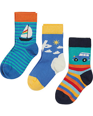 Frugi Pacco da 3 Calzini - Arcobaleno/Trasporti - Cotone Bio Calzini